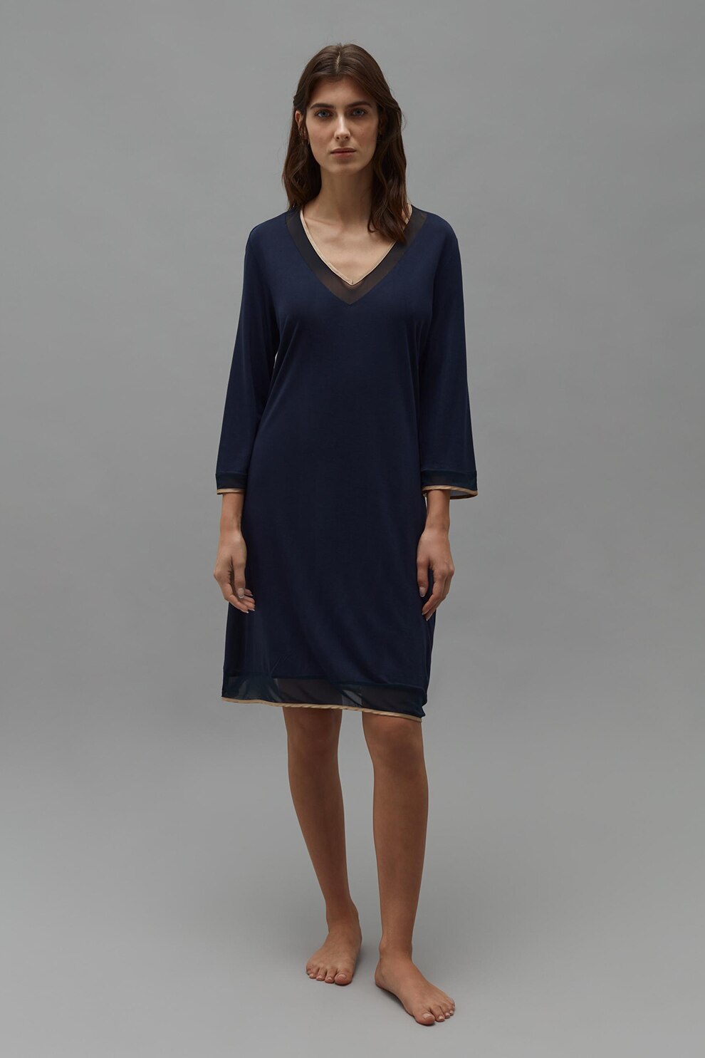 OVS, Camasa de noapte cu insertii de tul, Bleumarin inchis/Maro deschis