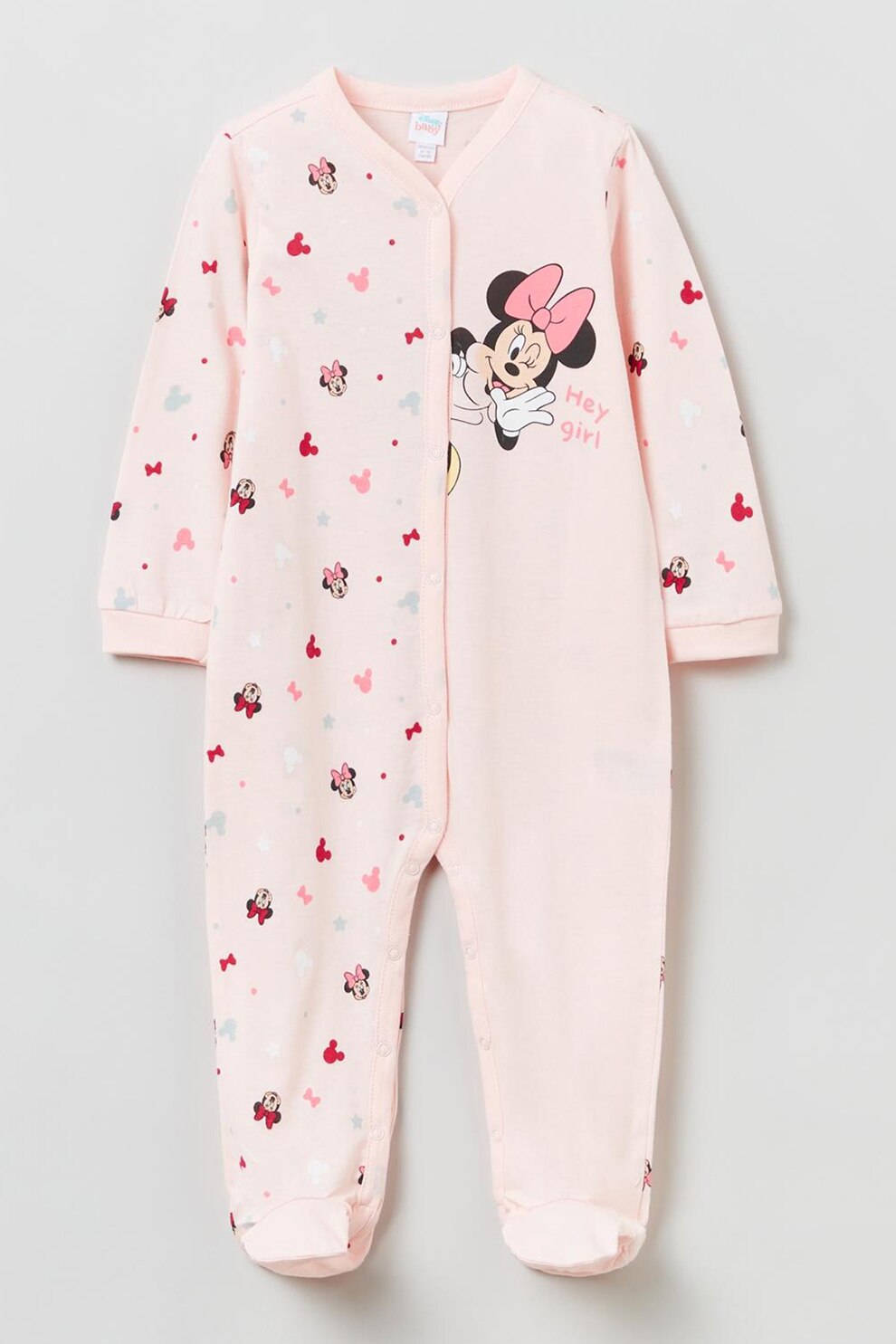 OVS, Salopeta de bumbac cu botosei si model Minnie Mouse, Roz piersica/Roz/Turcoaz, 68 CM