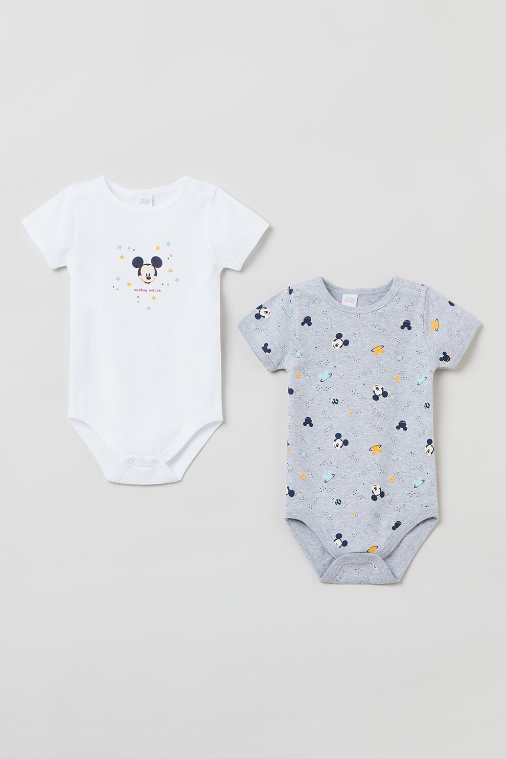 OVS, Set de body-uri din bumbac cu imprimeu Mickey Mouse - 2 piese, Alb/Gri melange/Bleumarin inchis