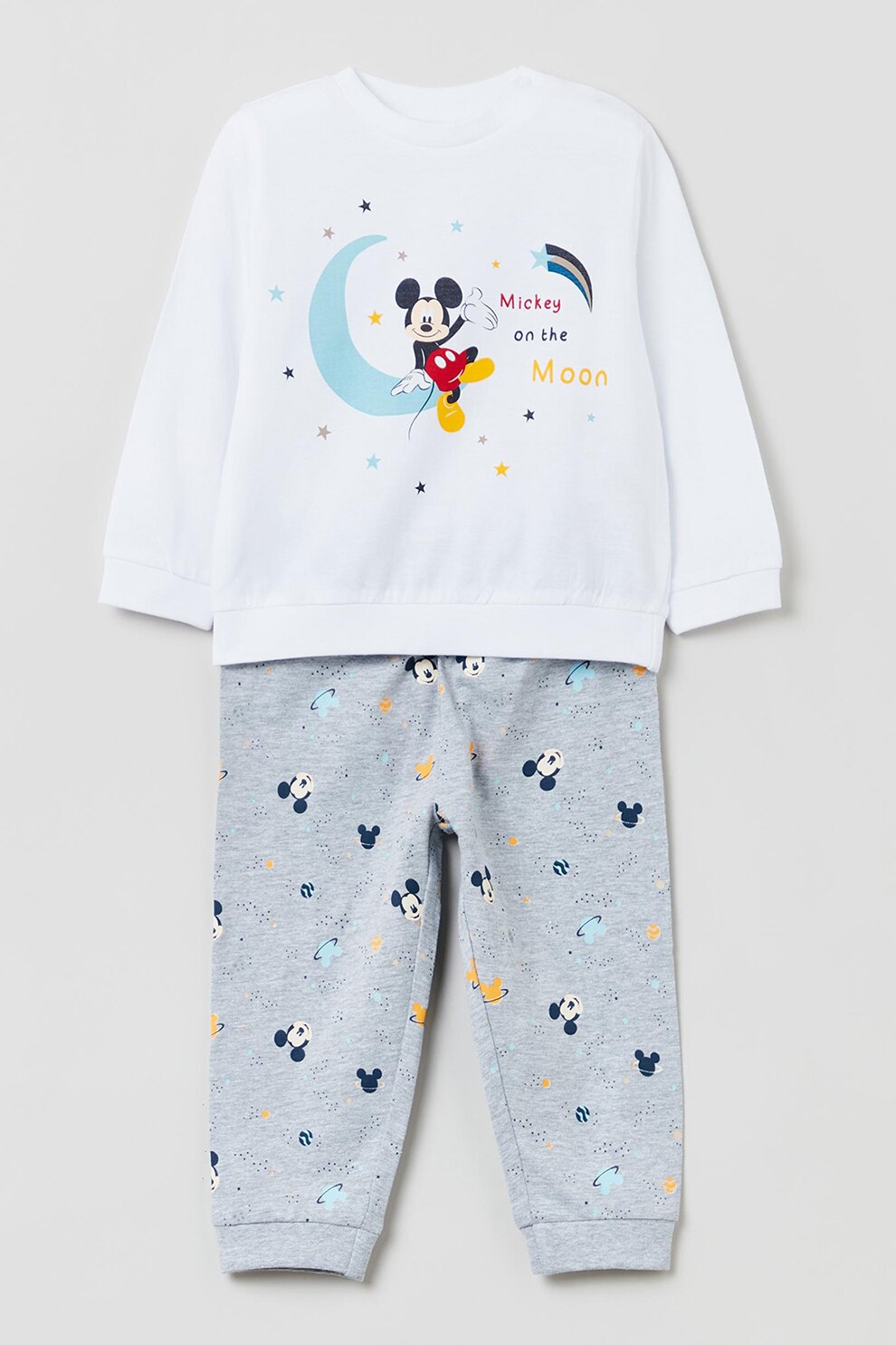OVS, Pijama din bumbac cu model Mickey Mouse, Alb/Gri melange/Bleu