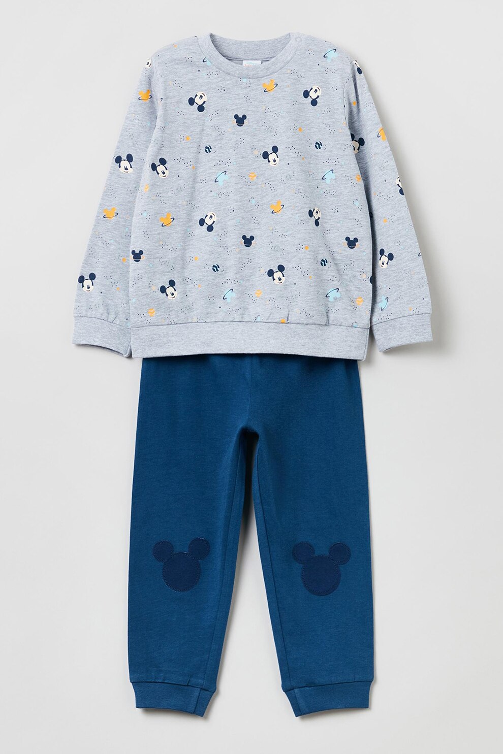 OVS, Pijama din amestec de bumbac cu imprimeu Mickey Mouse, Bleumarin inchis/Gri melange