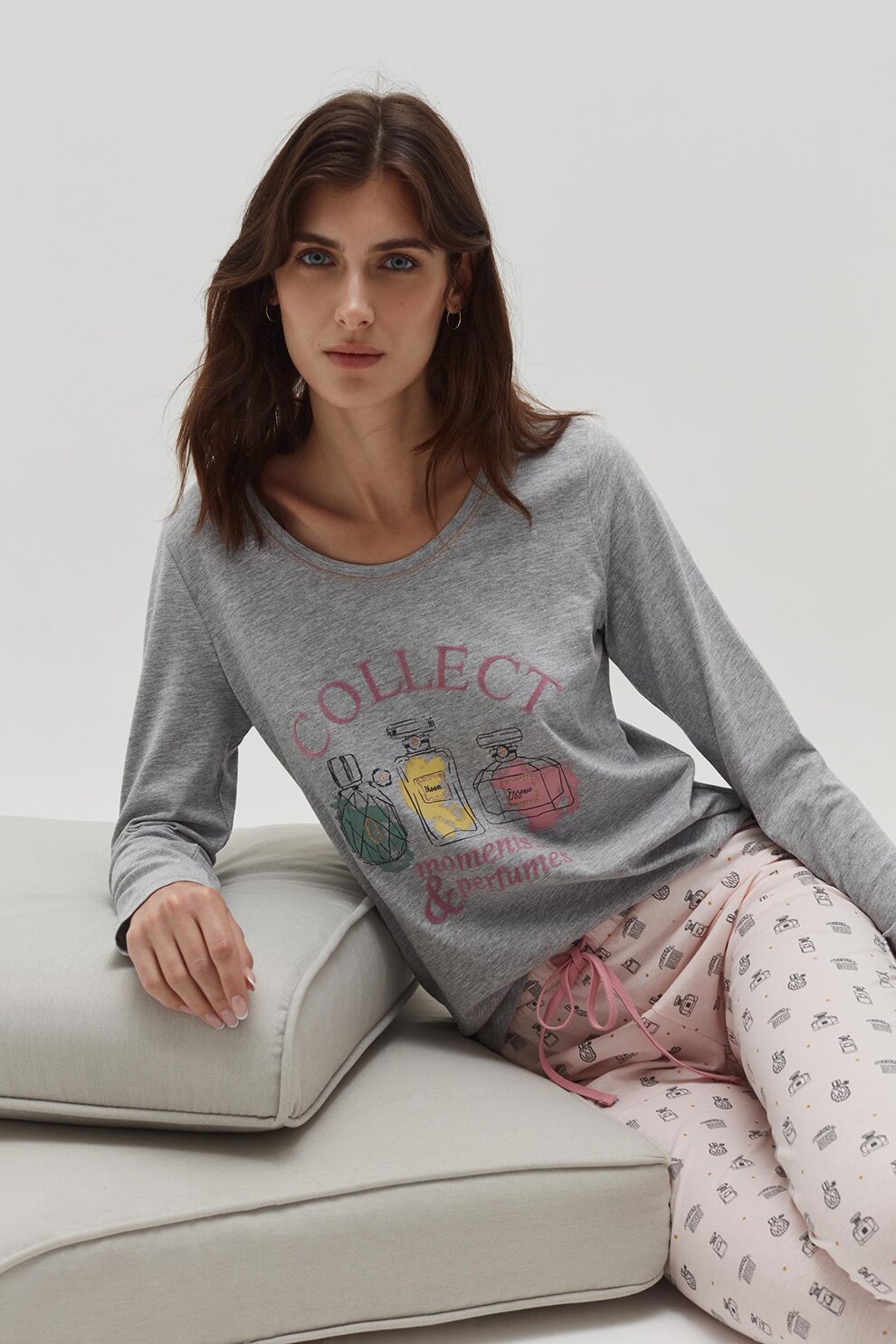 OVS, Pijama de jerseu cu model grafic, Gri melange/Roz pal/Roz prafuit, 2XL