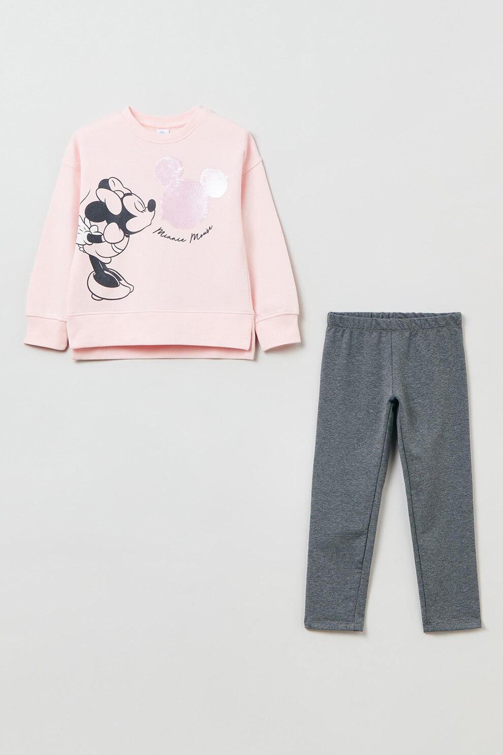 OVS, Set de colanti si bluza cu imprimeu Minnie Mouse, Roz pal/Gri inchis/Alb