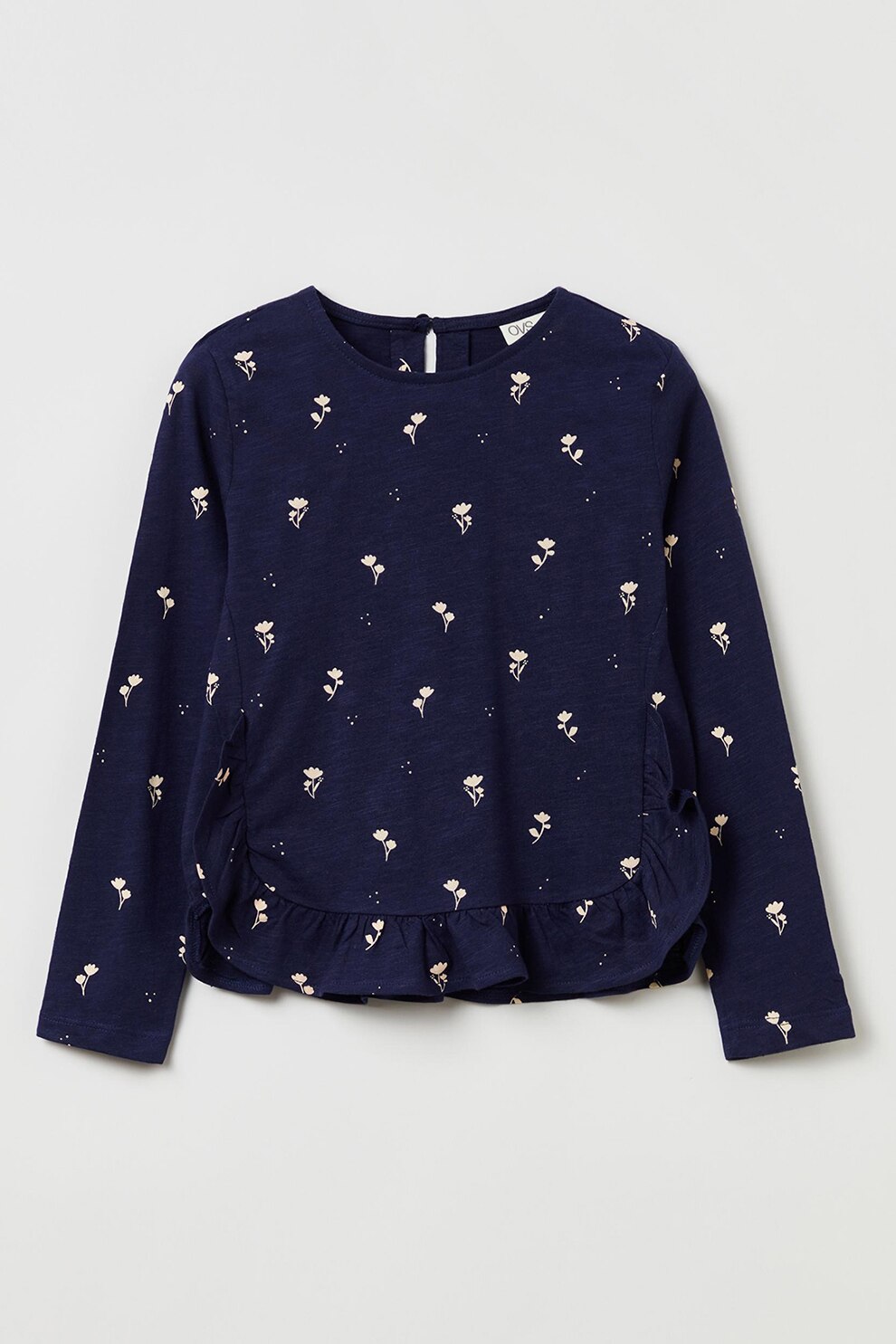 OVS, Bluza cu imprimeu floral si terminatie cu volane, Bleumarin inchis/Maro nisip