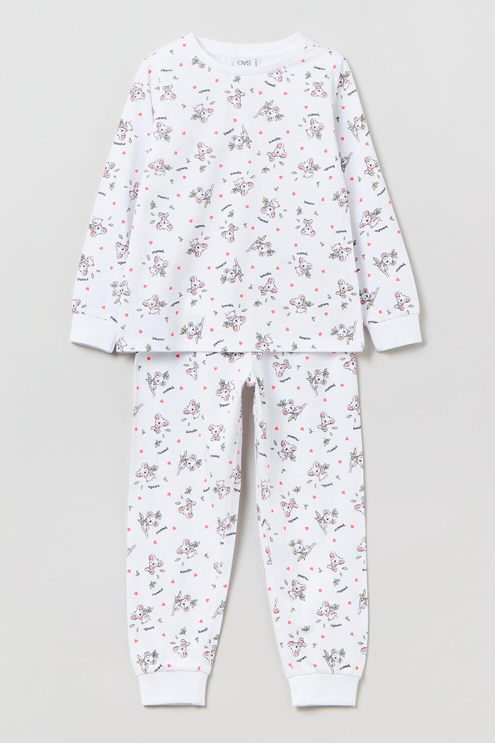 OVS, Pijama cu maneci lungi si model koala, Alb/Gri inchis/Roz