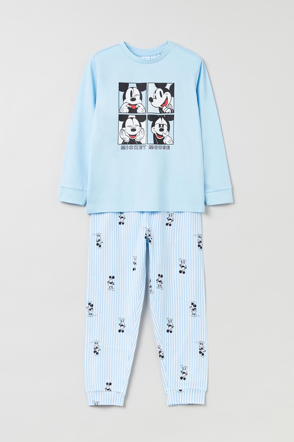 OVS, Pijama de bumbac cu desene, Albastru pastel/Negru/Rosu