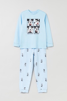 OVS, Pijama de bumbac cu desene, Albastru pastel/Negru/Rosu OVS, Pijama de bumbac cu desene, Albastru pastel/Negru/Rosu