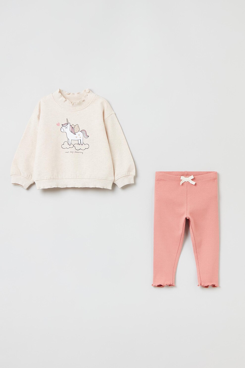 OVS, Set de bluza sport cu imprimeu si pantaloni sport cu margini valurite - 2 piese, Roz somon/Crem
