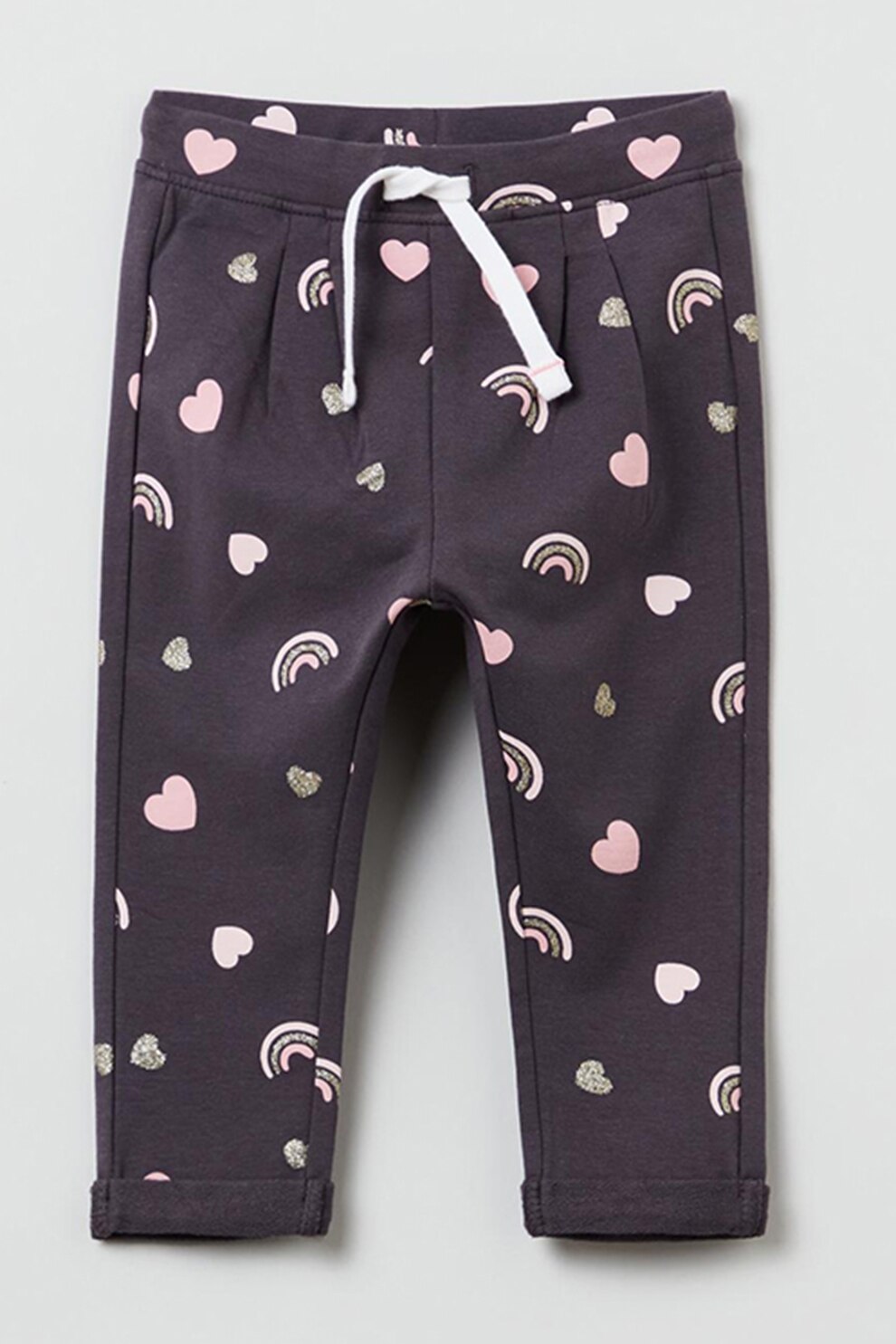 OVS, Pantaloni sport cu snur si inimi, Gri antracit/roz