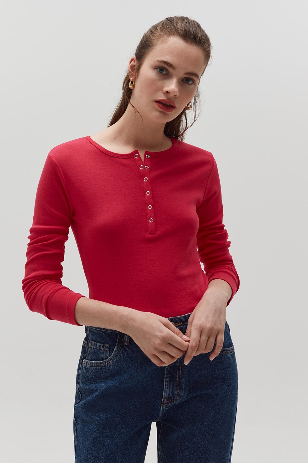 OVS, Bluza Henley de bumbac, Rosu, XL