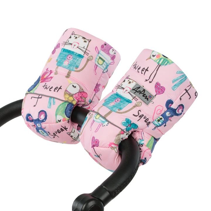 Ръкавици за бебешка количка DoRechi, универсални, Oвча вълна, Розови мишлета