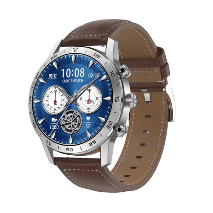 Смарт часовник Gearvita DT70, Сребрист, Кафява каишка, Кожена