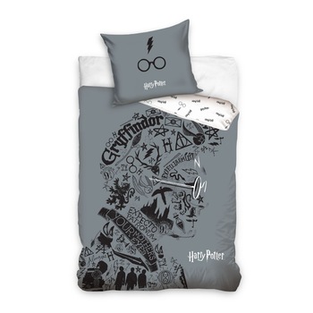 Set lenjerie pat, stralucind in intuneric, Harry Potter Gray Style, 140x200 cm , 70x90 cm , Bumbac 100%, Gri Set lenjerie pat, stralucind in intuneric, Harry Potter Gray Style, 140x200 cm , 70x90 cm , Bumbac 100%, Gri