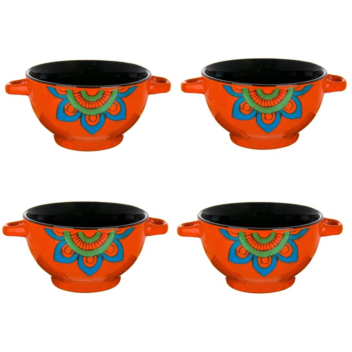 Set 4 boluri supa din ceramica, portocaliu cu mandala, 650 ml