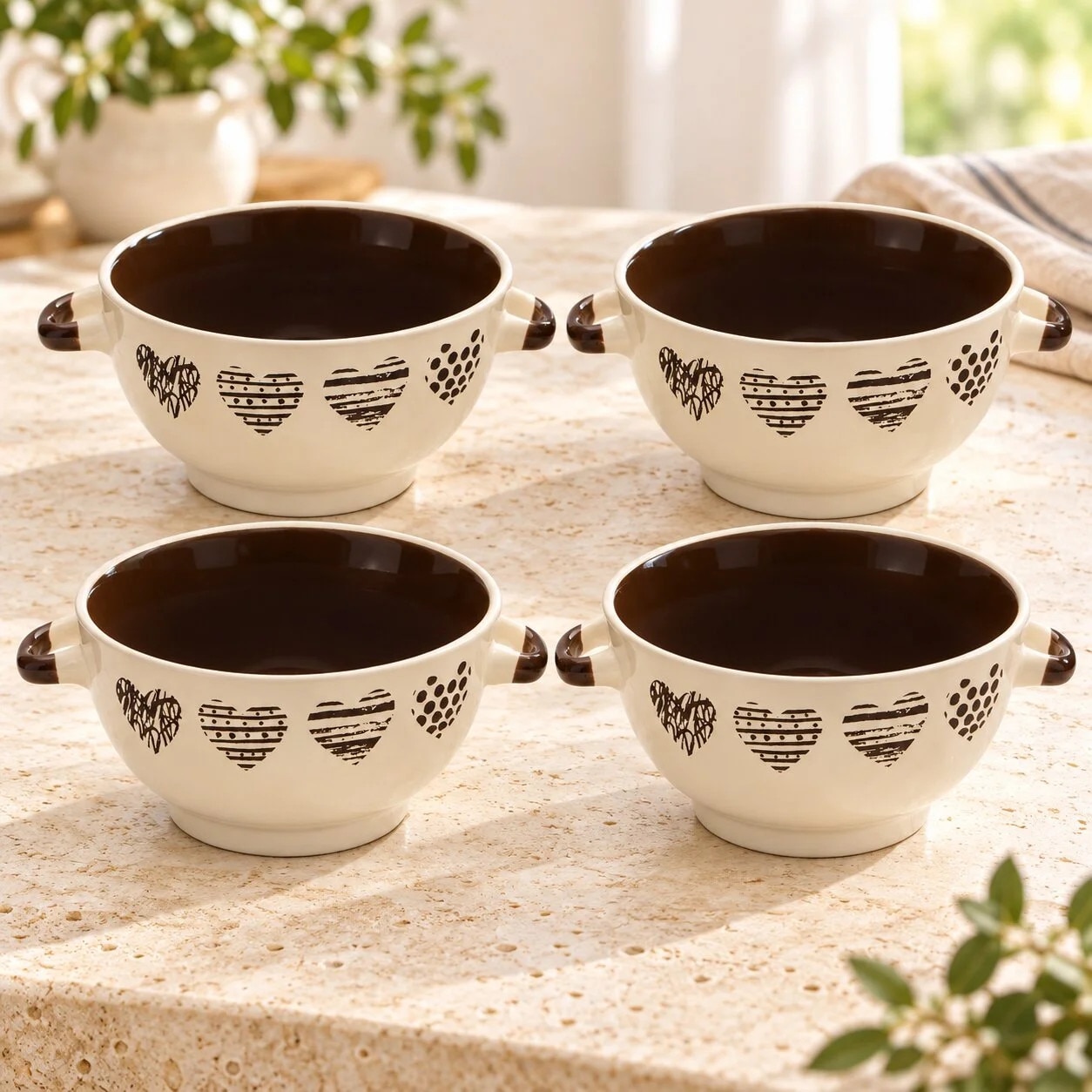 Callena Set de 4 boluri de ceramică inimioare Crem, 650 ml