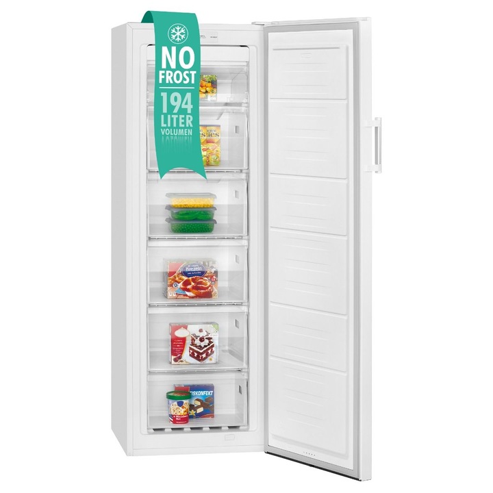 Congelator Bomann, GS7326.1, H143.4 cm, volum 194 litri, Total No Frost, congelare 4 stele, sistem de ventilatie MultiFlow, temperatura ajustabila, functie inghetare rapida, 6 compartimente, semnal alarma usa deschisa, display LED, tava cuburi gheata, alb