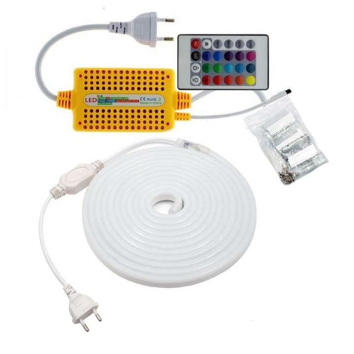 Kit banda LED Neon Flex RGB 30W/1050lm IP67, controller cu telecomanda IR, rola 5 m