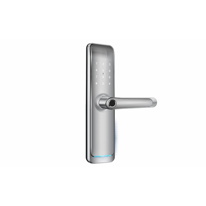 Incuietoare smart cu amprenta, cod, card, telefon, Wi-Fi, Bluetooth, ideal pensiuni, regim hotelier, Booking, Airbnb, culoare silver