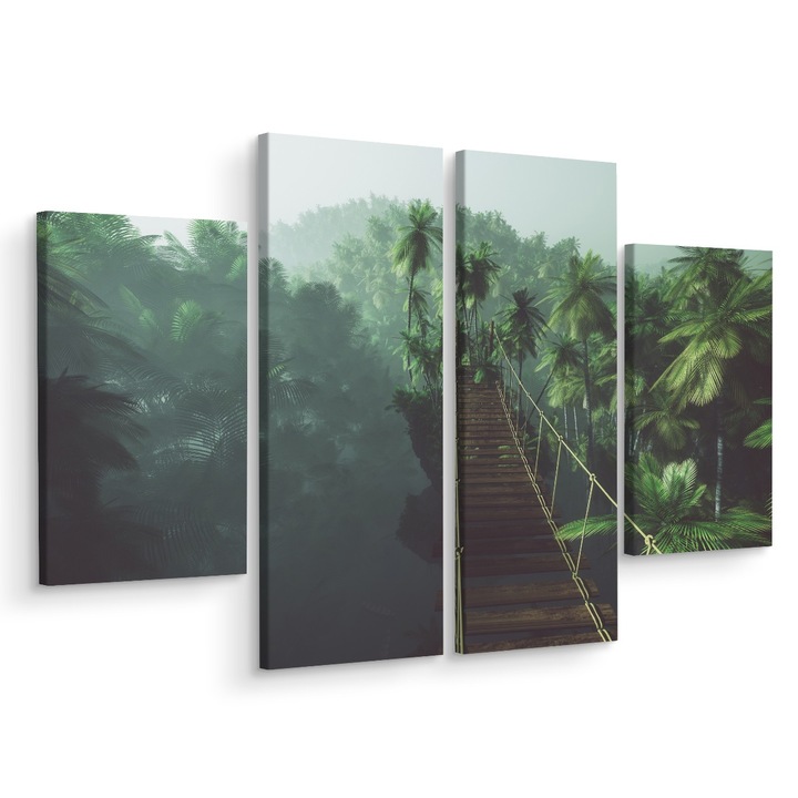 Set Tablou 4 Piese POD intr-o Padure Tropicala 3D 80cm x 60cm Palmieri, Plante, Multicanvas, Rama de lemn, Peisaj, Dormitor
