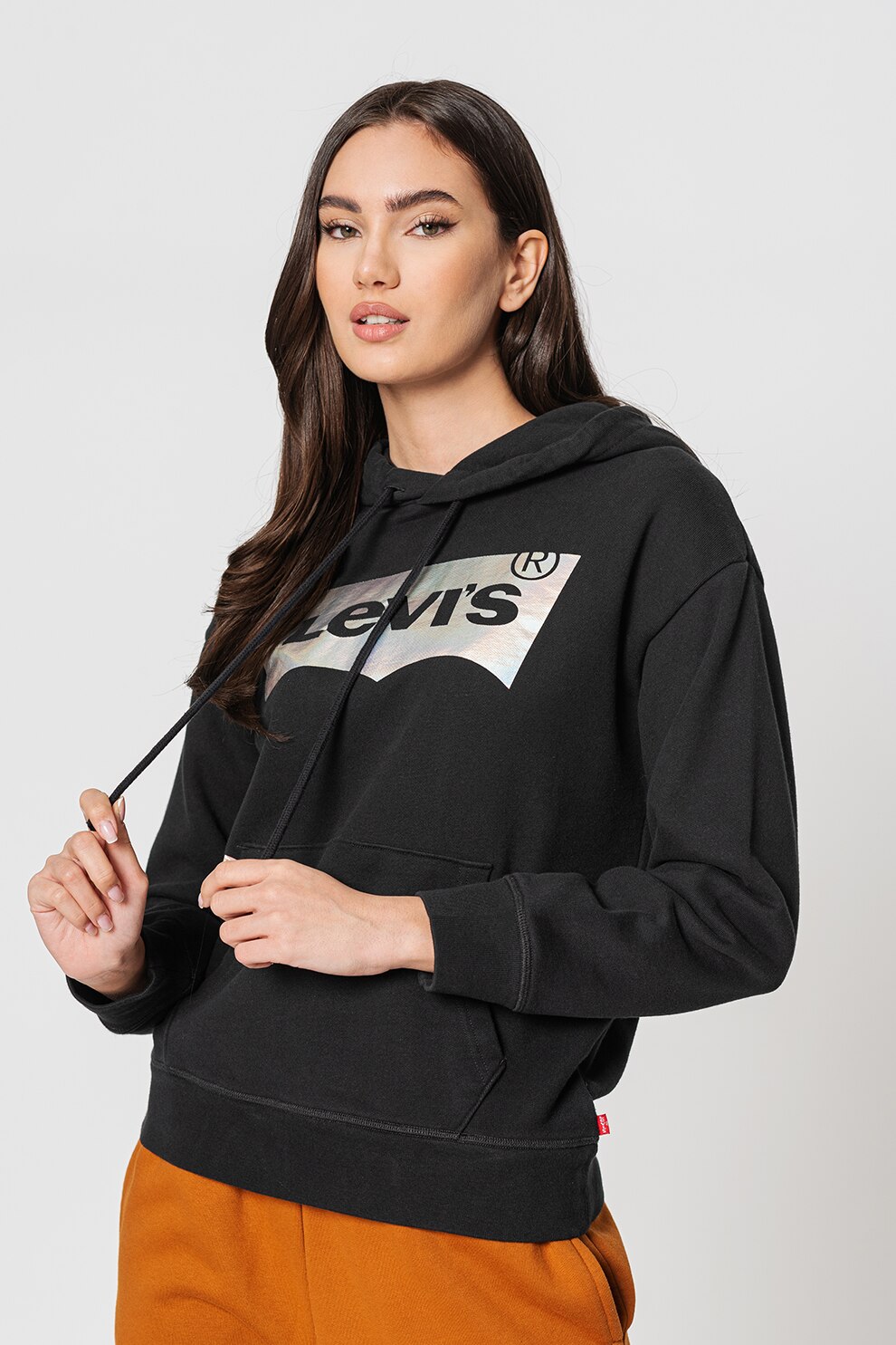 Levi's, Hanorac cu buzunar kangaroo si snur, Negru fad/Argintiu