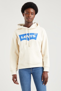 Levi's, Hanorac cu buzunar kangaroo si snur, Alb prafuit/Albastru Levi's, Hanorac cu buzunar kangaroo si snur, Alb prafuit/Albastru