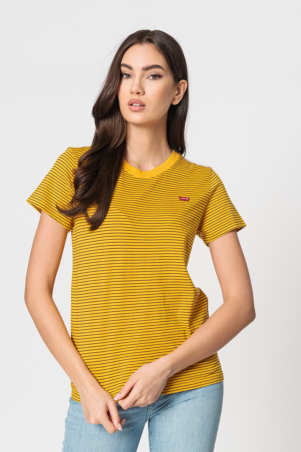 Levi's, Tricou cu decolteu la baza gatului in dungi, Galben sofran/Negru/Rosu