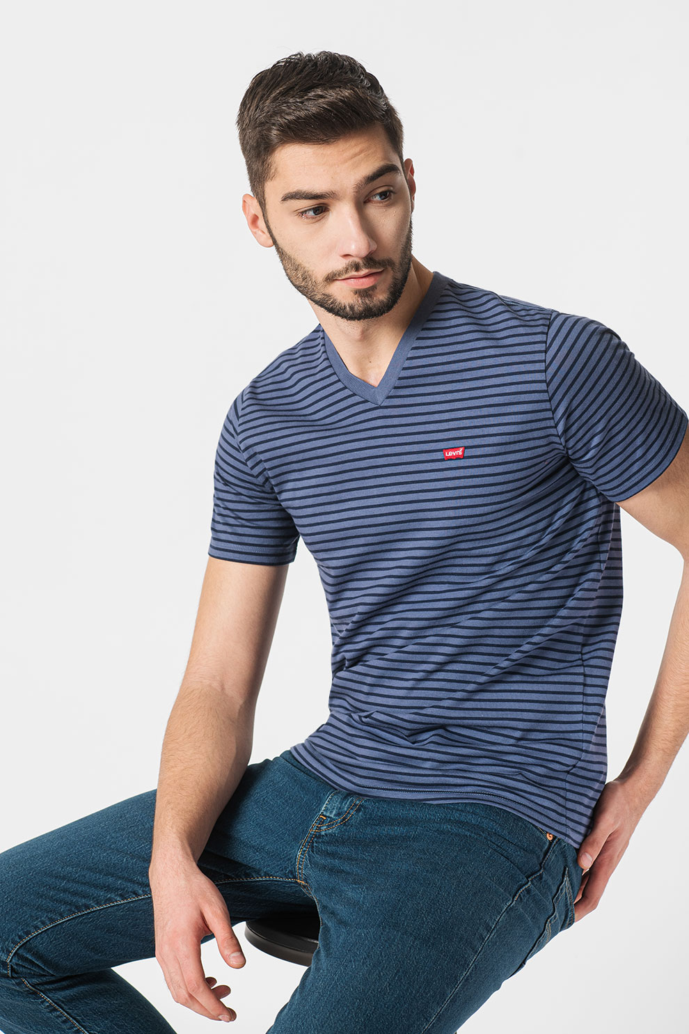 Levi's, Tricou cu decolteu in V si model in dungi, Albastru inchis/Bleumarin