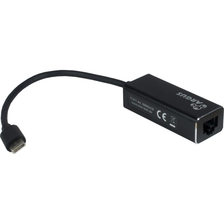 Бърз USB 3.0 Type C към LAN адаптер Argus IT-811, Inter-Tech, Gigabit LAN, Wake-On-LAN (WOL), USB 3.0 Type C, RJ45 LAN 10/100 / 1000Mbit, алуминиев, черен
