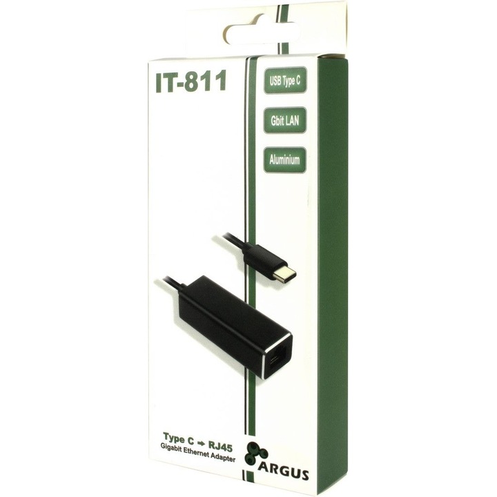 Бърз USB 3.0 Type C към LAN адаптер Argus IT-811, Inter-Tech, Gigabit LAN, Wake-On-LAN (WOL), USB 3.0 Type C, RJ45 LAN 10/100 / 1000Mbit, алуминиев, черен