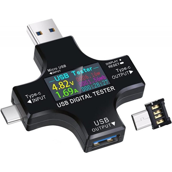 USB тестер - USB C измервател на мощност 2 в 1 Тип C USB LCD цифров мултицет, напрежение, ток, мощност, QC PD