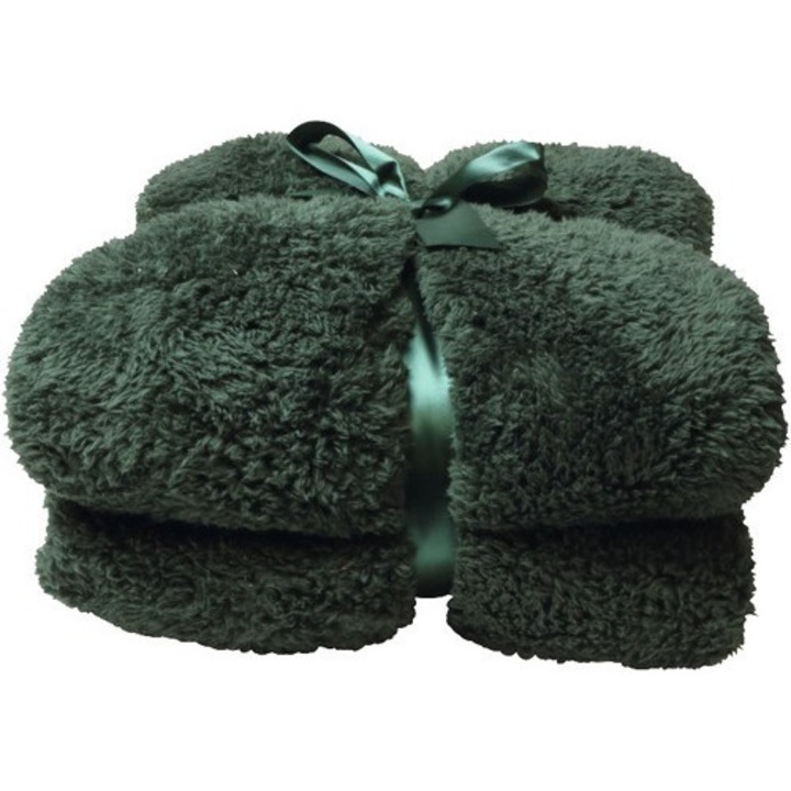 Patura Unique Living Teddy, verde inchis, pufoasa, 150x200 cm