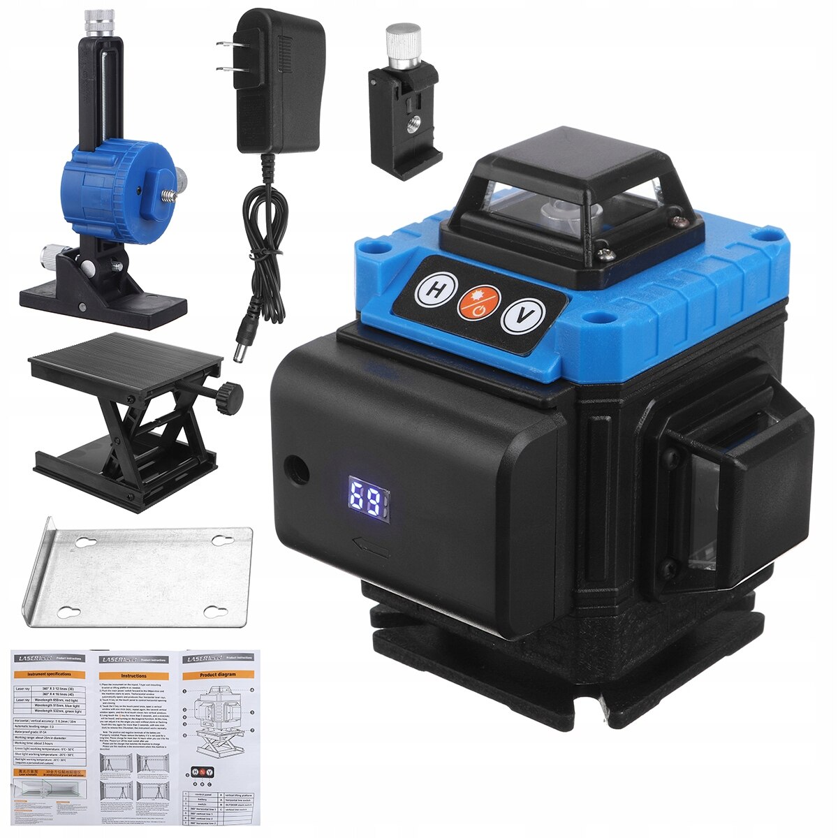 Nivela laser 4D cu 16 linii, 360, Lumina verde, Negru/Albastru