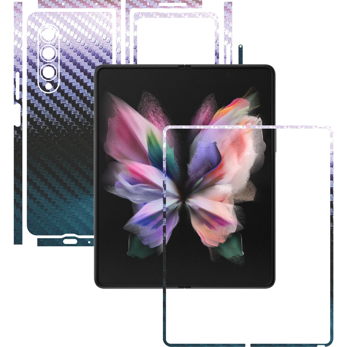 Folie Protectie Carbon Skinz pentru Samsung Galaxy Z Fold3 5G - Carbon Cameleon Split Cut, Skin Adeziv Full Body Cover pentru Rama Ecran, Carcasa Spate si Laterale