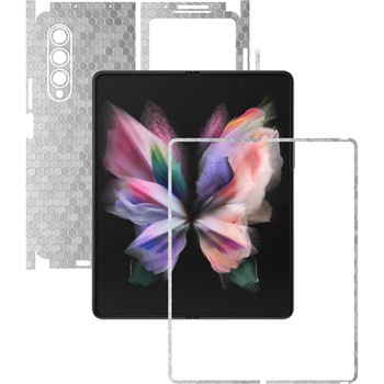 Folie Protectie Carbon Skinz pentru Samsung Galaxy Z Fold3 5G - Honeycomb Argintiu Silver 360 Cut, Skin Adeziv Full Body Cover pentru Rama Ecran, Carcasa Spate si Laterale