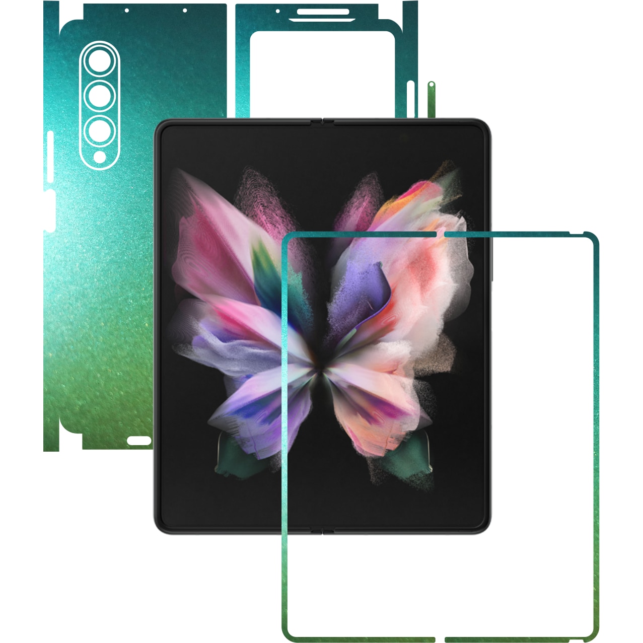 Folie Protectie Carbon Skinz pentru Samsung Galaxy Z Fold3 5G - Color Shift Aquamarine 360 Cut, Skin Adeziv Full Body Cover pentru Rama Ecran, Carcasa Spate si Laterale