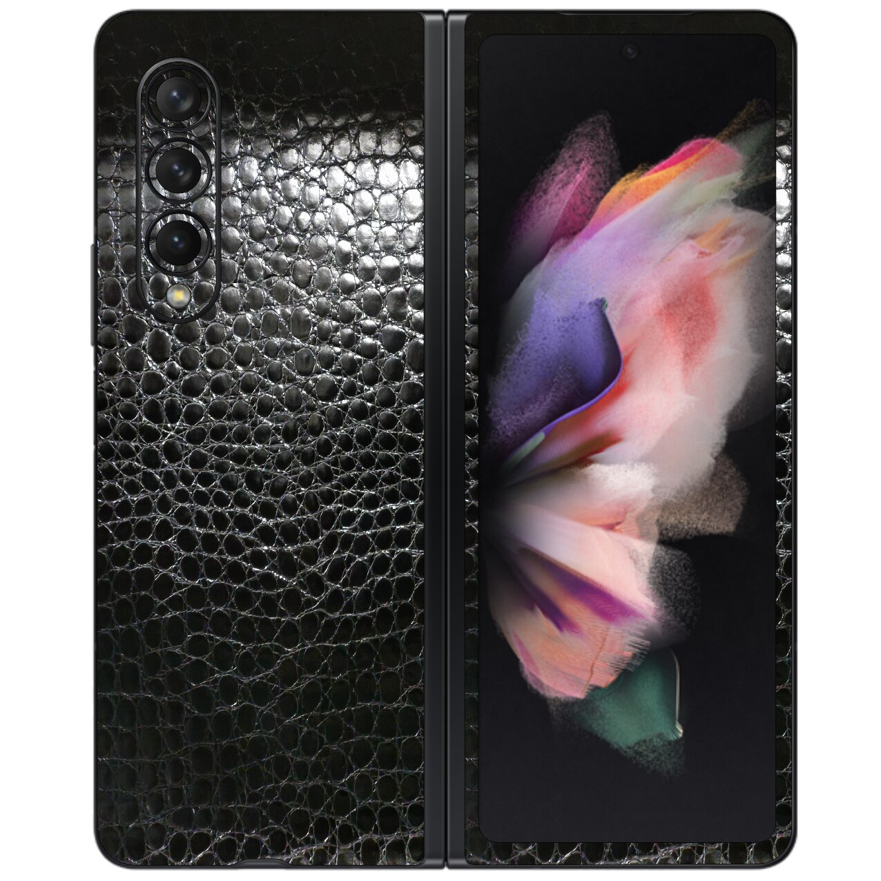 Folie Protectie Carbon Skinz pentru Samsung Galaxy Z Fold3 5G - Piele Neagra Crocodil Simple Cut, Skin Adeziv Full Body Cover pentru Rama Ecran, Carcasa Spate