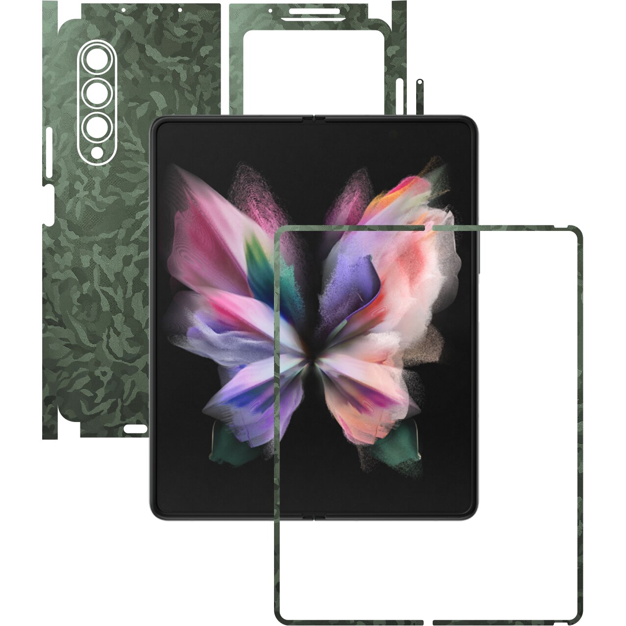 Folie Protectie Carbon Skinz pentru Samsung Galaxy Z Fold3 5G - Camo Verde Military Green Shadow 360 Cut, Skin Adeziv Full Body Cover pentru Rama Ecran, Carcasa Spate si Laterale