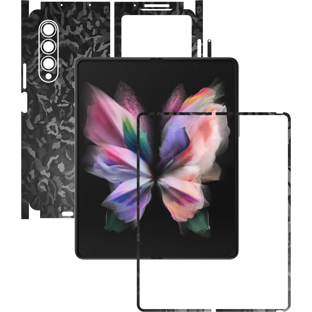 Folie Protectie Carbon Skinz pentru Samsung Galaxy Z Fold3 5G - Camo Negru Black Shadow 360 Cut, Skin Adeziv Full Body Cover pentru Rama Ecran, Carcasa Spate si Laterale
