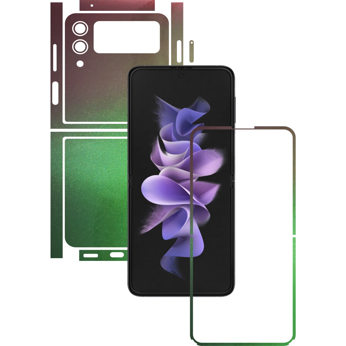 Folie Protectie Carbon Skinz pentru Samsung Galaxy Z Flip3 5G - Color Shift Avocado Split Cut, Skin Adeziv Full Body Cover pentru Rama Ecran, Carcasa Spate si Laterale