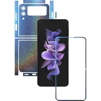 Folie Protectie Carbon Skinz pentru Samsung Galaxy Z Flip3 5G - Color Shift Intergalactic Blue Split Cut, Skin Adeziv Full Body Cover pentru Rama Ecran, Carcasa Spate si Laterale