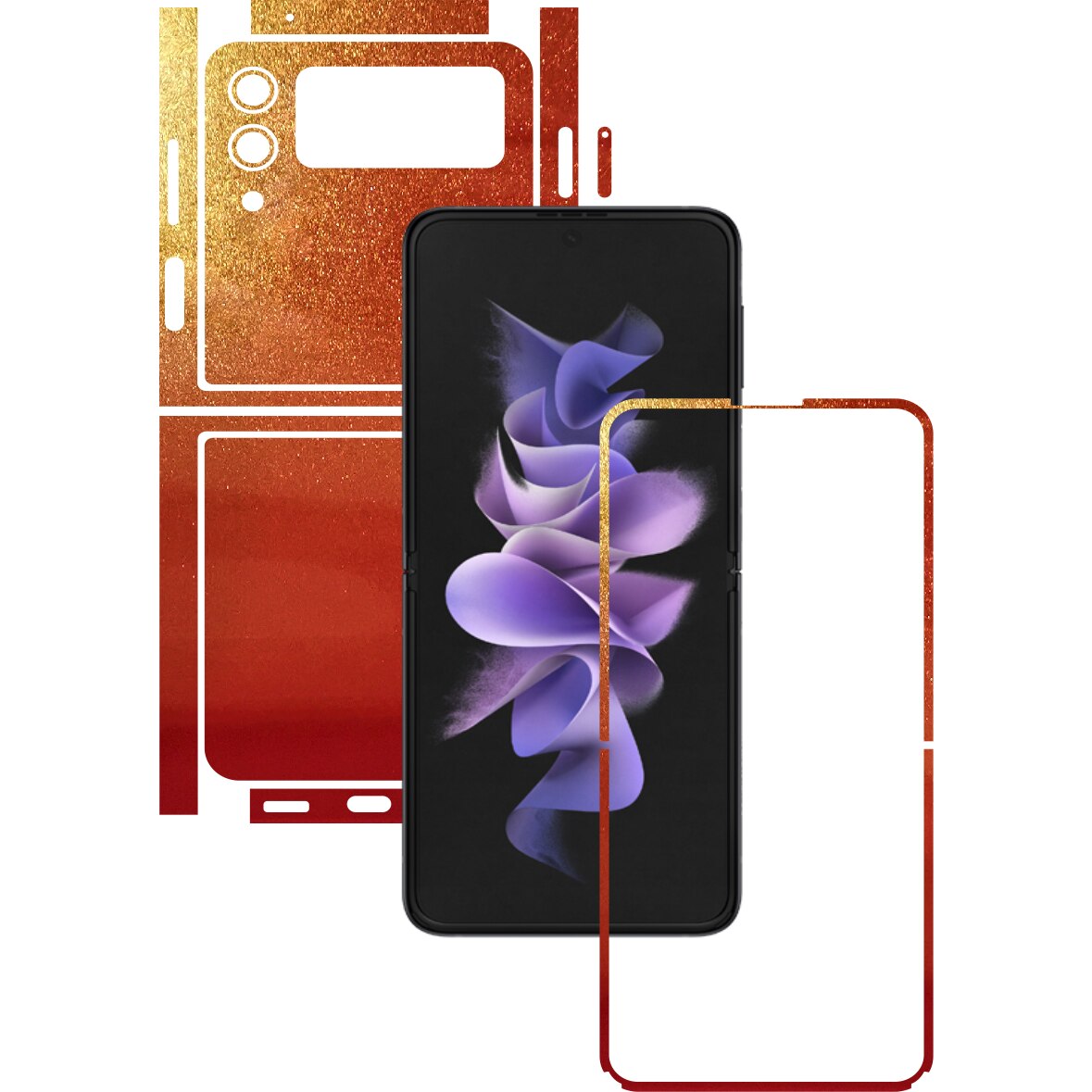 Folie Protectie Carbon Skinz pentru Samsung Galaxy Z Flip3 5G - Color Shift Sunset Split Cut, Skin Adeziv Full Body Cover pentru Rama Ecran, Carcasa Spate si Laterale