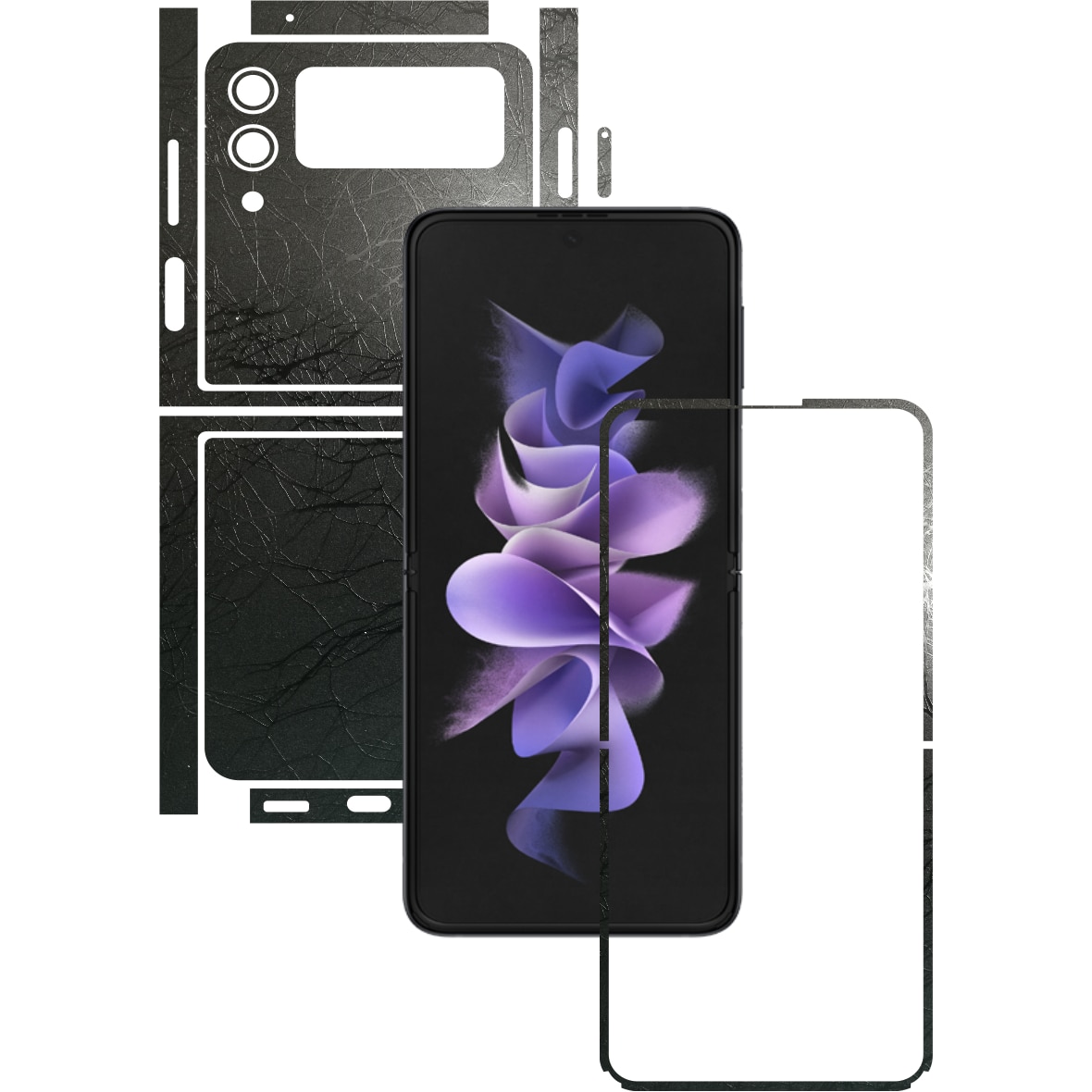 Folie Protectie Carbon Skinz pentru Samsung Galaxy Z Flip3 5G - Cocoon Black Split Cut, Skin Adeziv Full Body Cover pentru Rama Ecran, Carcasa Spate si Laterale
