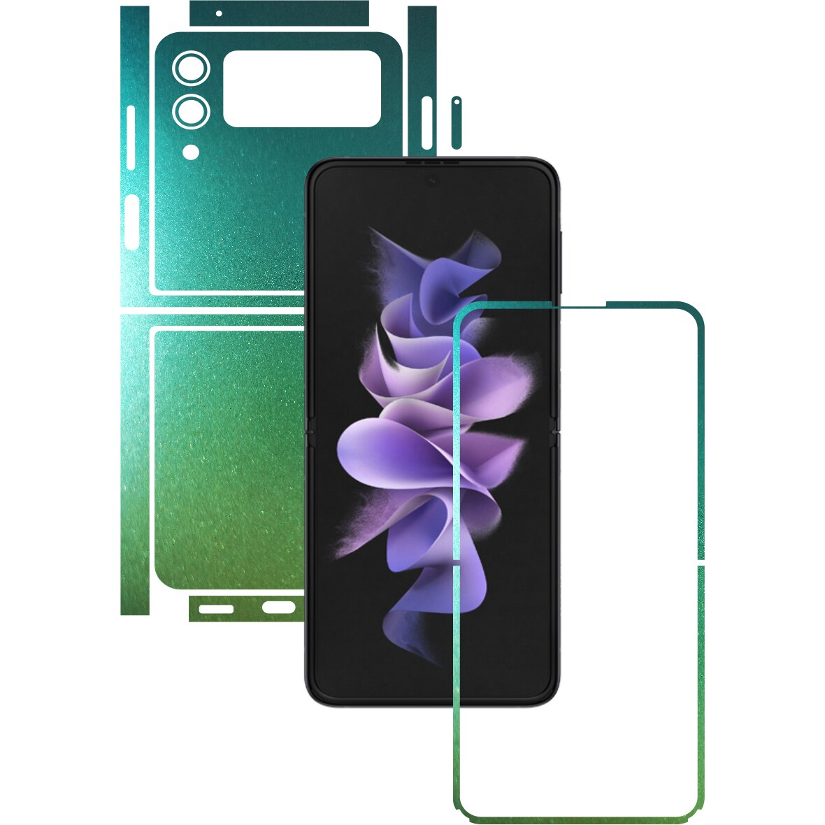 Folie Protectie Carbon Skinz pentru Samsung Galaxy Z Flip3 5G - Color Shift Aquamarine Split Cut, Skin Adeziv Full Body Cover pentru Rama Ecran, Carcasa Spate si Laterale