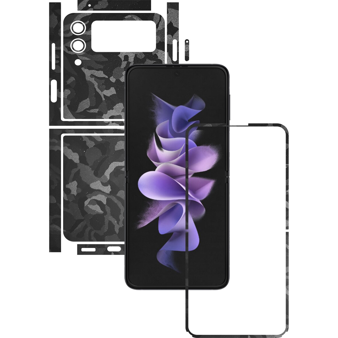 Folie Protectie Carbon Skinz pentru Samsung Galaxy Z Flip3 5G - Camo Negru Black Shadow Split Cut, Skin Adeziv Full Body Cover pentru Rama Ecran, Carcasa Spate si Laterale
