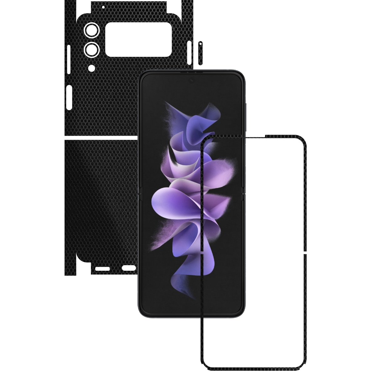 Folie Protectie Carbon Skinz pentru Samsung Galaxy Z Flip3 5G - Matrix Negru Black 360 Cut, Skin Adeziv Full Body Cover pentru Rama Ecran, Carcasa Spate si Laterale