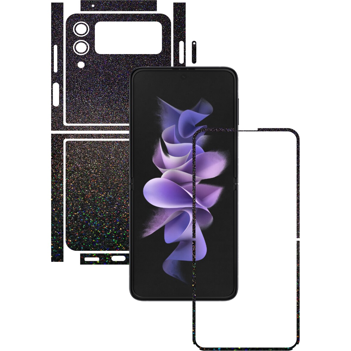 Folie Protectie Carbon Skinz pentru Samsung Galaxy Z Flip3 5G - Black Galactic Gold Split Cut, Skin Adeziv Full Body Cover pentru Rama Ecran, Carcasa Spate si Laterale