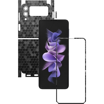Folie Protectie Carbon Skinz pentru Samsung Galaxy Z Flip3 5G - Honeycomb Negru Black 360 Cut, Skin Adeziv Full Body Cover pentru Rama Ecran, Carcasa Spate si Laterale