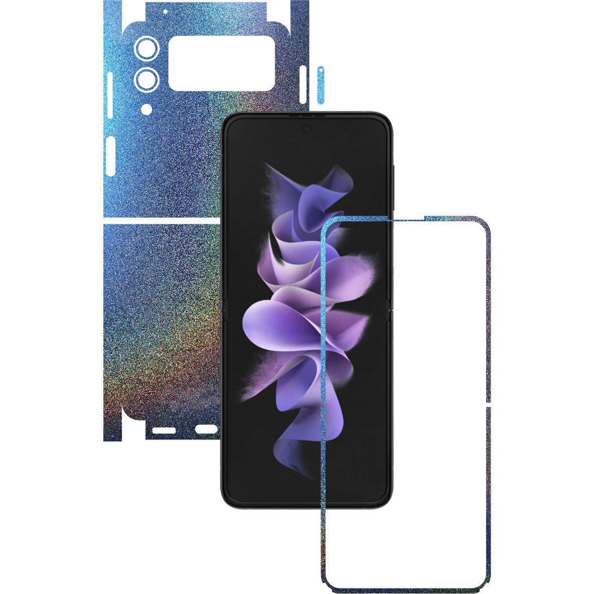 Folie Protectie Carbon Skinz pentru Samsung Galaxy Z Flip3 5G - Color Shift Intergalactic Blue 360 Cut, Skin Adeziv Full Body Cover pentru Rama Ecran, Carcasa Spate si Laterale