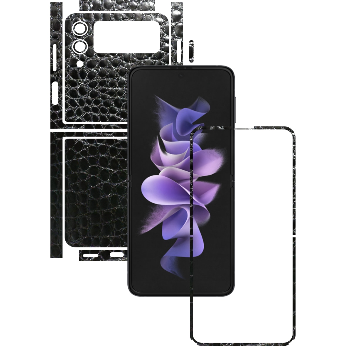 Folie Protectie Carbon Skinz pentru Samsung Galaxy Z Flip3 5G - Piele neagra crocodil Split Cut, Skin Adeziv Full Body Cover pentru Rama Ecran, Carcasa Spate si Laterale