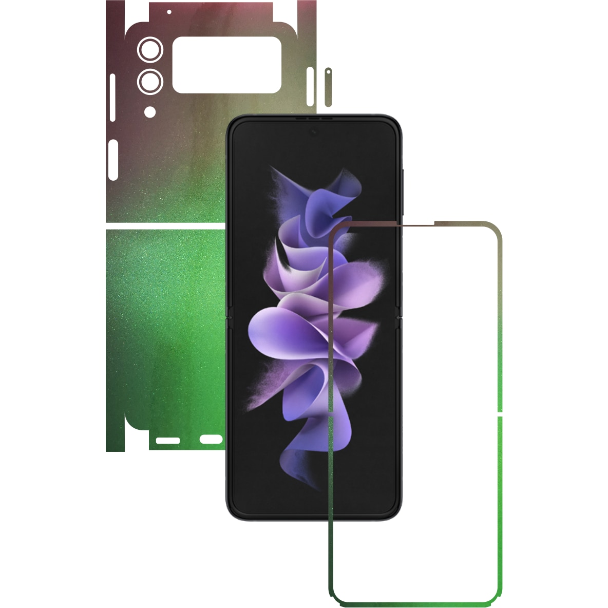 Folie Protectie Carbon Skinz pentru Samsung Galaxy Z Flip3 5G - Color Shift Avocado 360 Cut, Skin Adeziv Full Body Cover pentru Rama Ecran, Carcasa Spate si Laterale